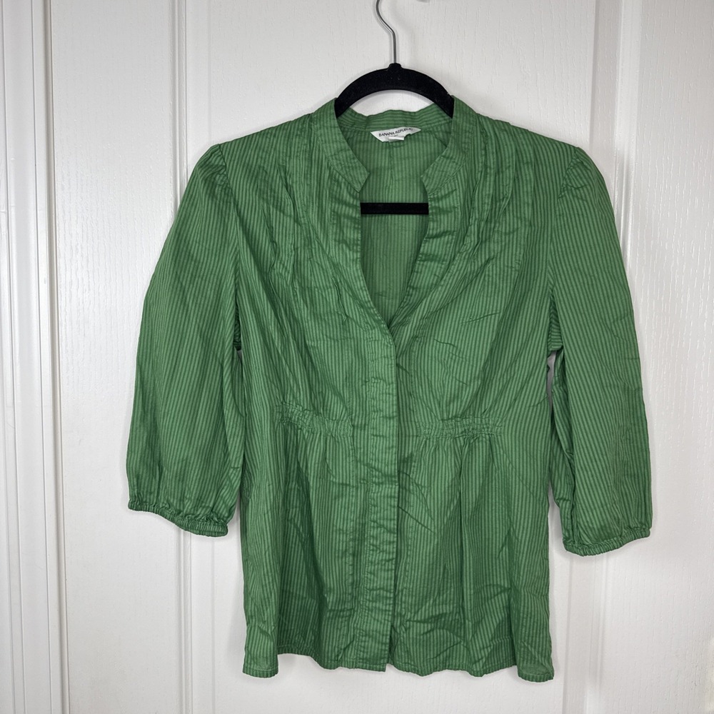 Banana Republic Womens S Green Striped Peplum Blouse V Neck 3/4 Sleeve Work Top
